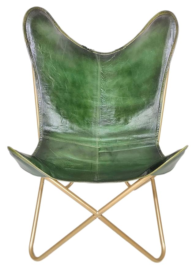 Aged Leather Metal Round Butterfly Chair in Green