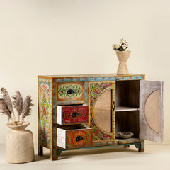 Pandora Indian Floral Hand Painted Solid Wood With Rattan Sideboard