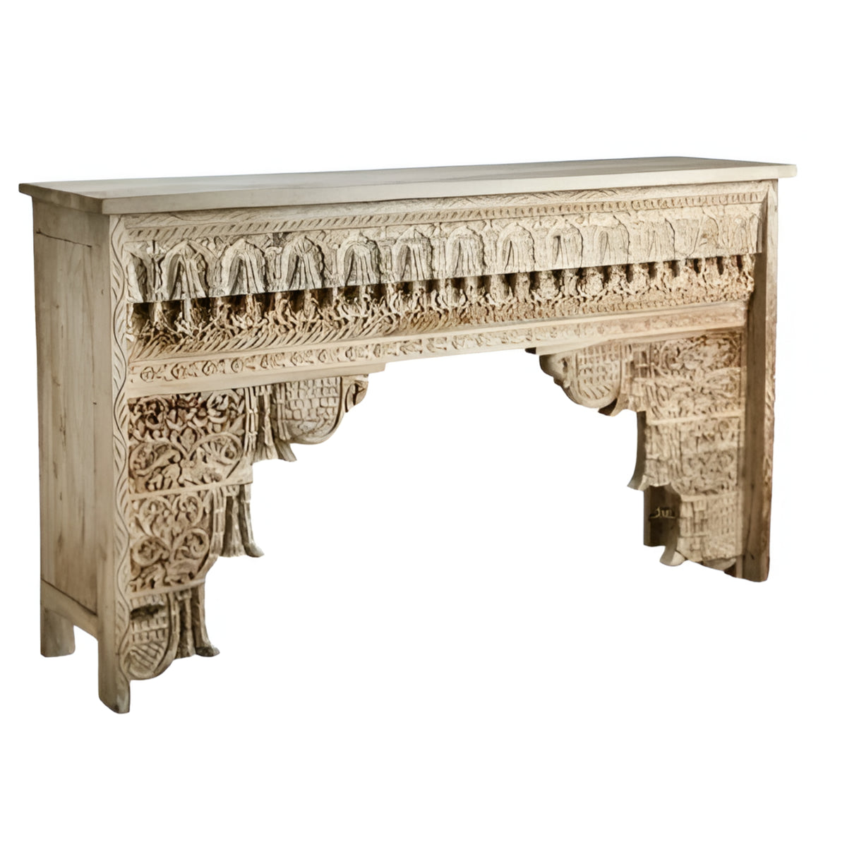 Mehrab Wooden Carved Entryway Console Table Off White Distress