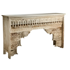 Mehrab Wooden Carved Entryway Console Table Off White Distress