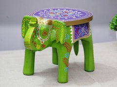 Brush & Timber Handpainted Solid Mango Wood Elephant Side Table in Multicolor