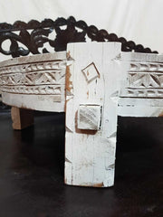 Tribal Chakki Grinder Carved Round Coffee Table White 65 CM Diameter