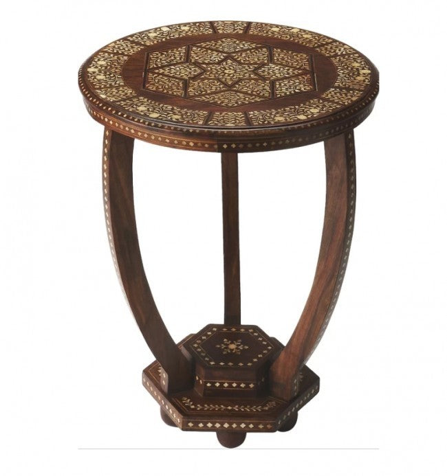 Maaya Bone Inlay Teak Round Side Table White Brown Floral