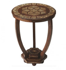 Maaya Bone Inlay Teak Round Side Table White Brown Floral