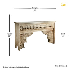 Mehrab Wooden Carved Entryway Console Table Off White Distress