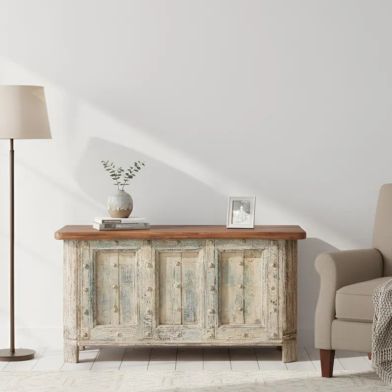 Indian Hand Carved Solid Wood Rustic Storage Blanket Box C40