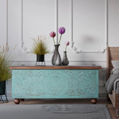 Indian Hand Carved Solid Wood Blanket Box Chest B10