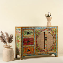 Pandora Indian Floral Hand Painted Solid Wood With Rattan Sideboard