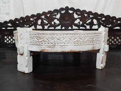 Tribal Chakki Grinder Carved Round Coffee Table White 65 CM Diameter