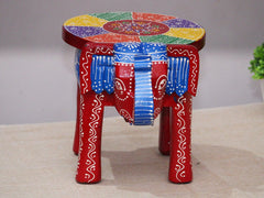 Brush & Timber Handpainted Solid Mango Wood Elephant Side Table in Multicolor