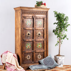 Avani Solid Mango Wood Indian Hand Carved Wardrobe Cabinet Almirah Antique style Pantry Painted V24