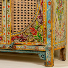 Pandora Indian Floral Hand Painted Solid Wood With Rattan Sideboard