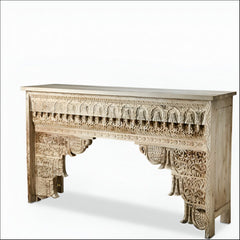 Mehrab Wooden Carved Entryway Console Table Off White Distress