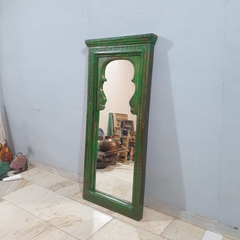 Handcrafted Indian Furniture Carved Wooden Mirror Frame Rustic Green 70x150 cm