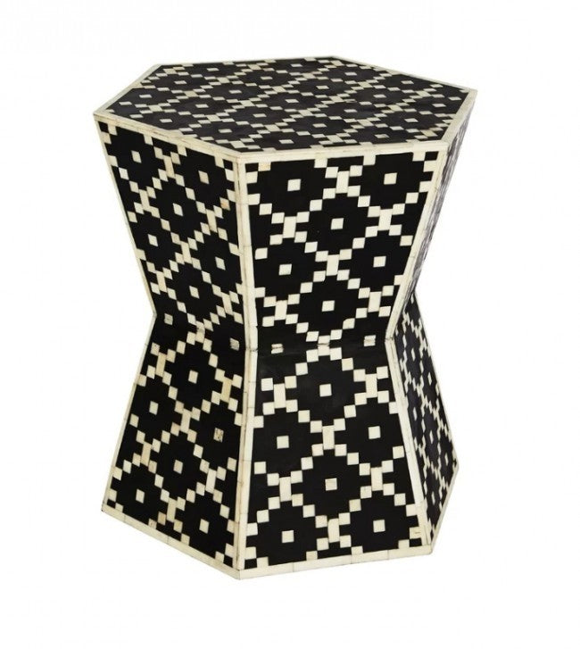 Maaya Bone Inlay Round drum Side Table Black Geometric