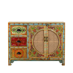 Pandora Indian Floral Hand Painted Solid Wood With Rattan Sideboard