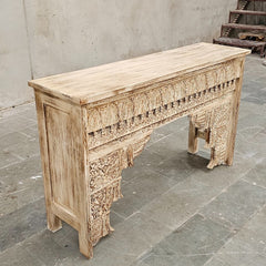 Mehrab Wooden Carved Entryway Console Table Off White Distress