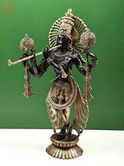 Indian Lord Krishna Playing Flute Brass Statue