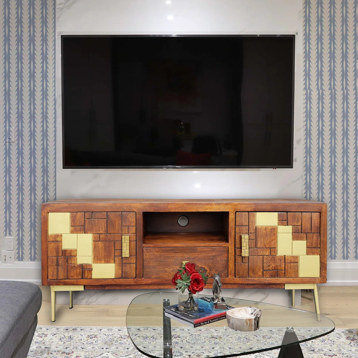 Kraft Bazaar Indian Solid Wood Hand Carved TV Unit Stand B31