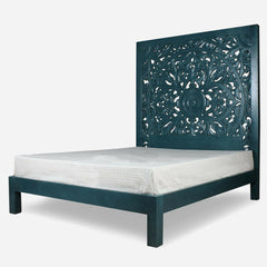 Dynasty Hand Carved Indian Solid Wooden Bed Frame Green