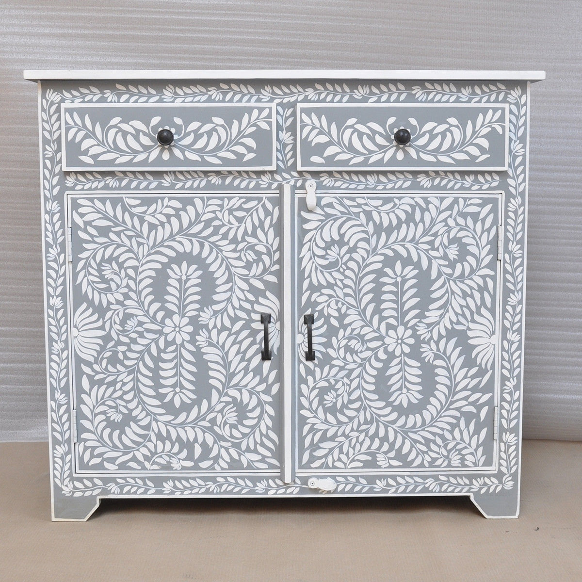 Bone Inlay Floral Pattern Cabinet Grey