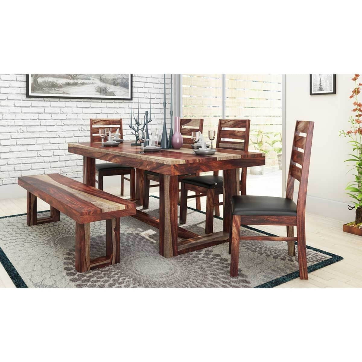 Galveston Rustic Solid Wood 6-Piece Dining Table Chair Set with Bench