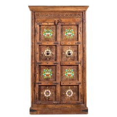 Avani Solid Mango Wood Indian Hand Carved Wardrobe Cabinet Almirah Antique style Pantry Painted V24  -  