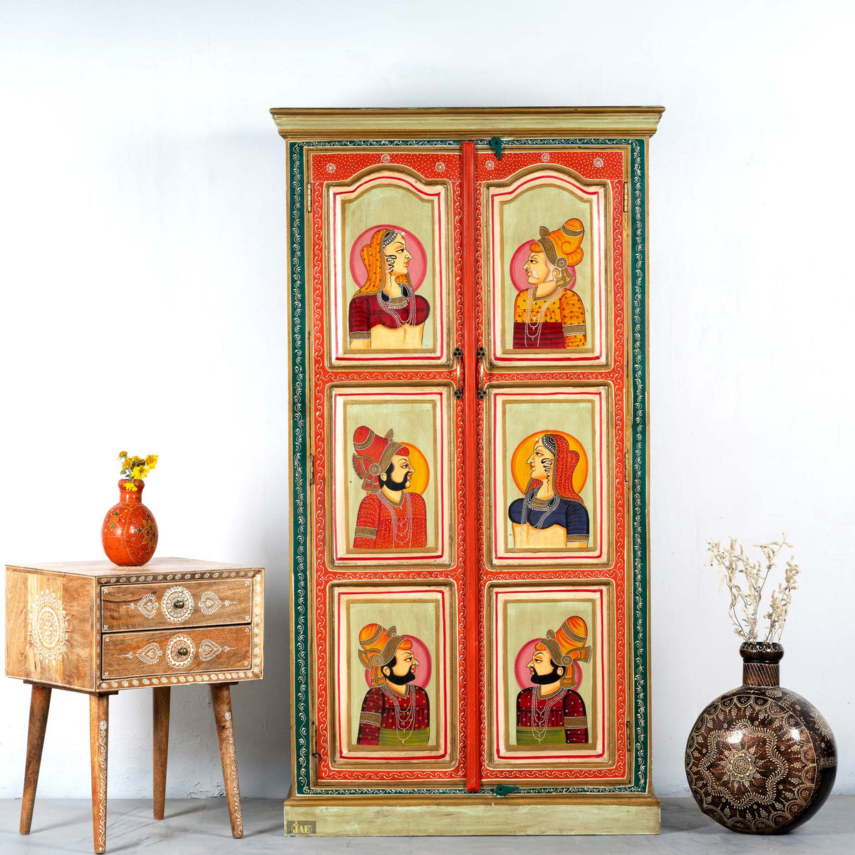 Avani Solid Mango Wood Indian Hand Painted Wardrobe Cabinet Antique Style