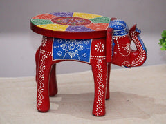 Brush & Timber Handpainted Solid Mango Wood Elephant Side Table in Multicolor