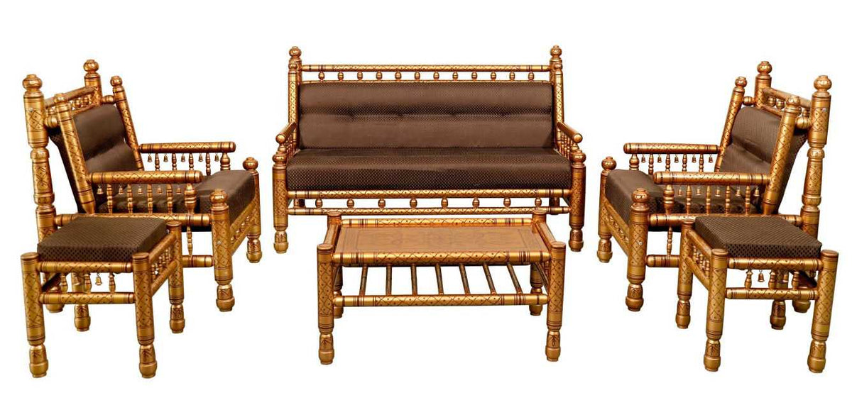 Heritage Indian Hand Carved Painted 6 pcs Sofa & Chair Set