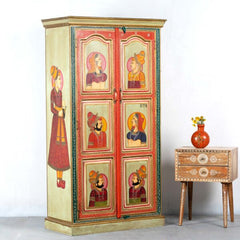 Avani Solid Mango Wood Indian Hand Painted Wardrobe Cabinet Antique Style