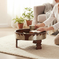 Indian Hand Carved Solid Wood Brass Fitted Chakki Grinder Coffee Table C157