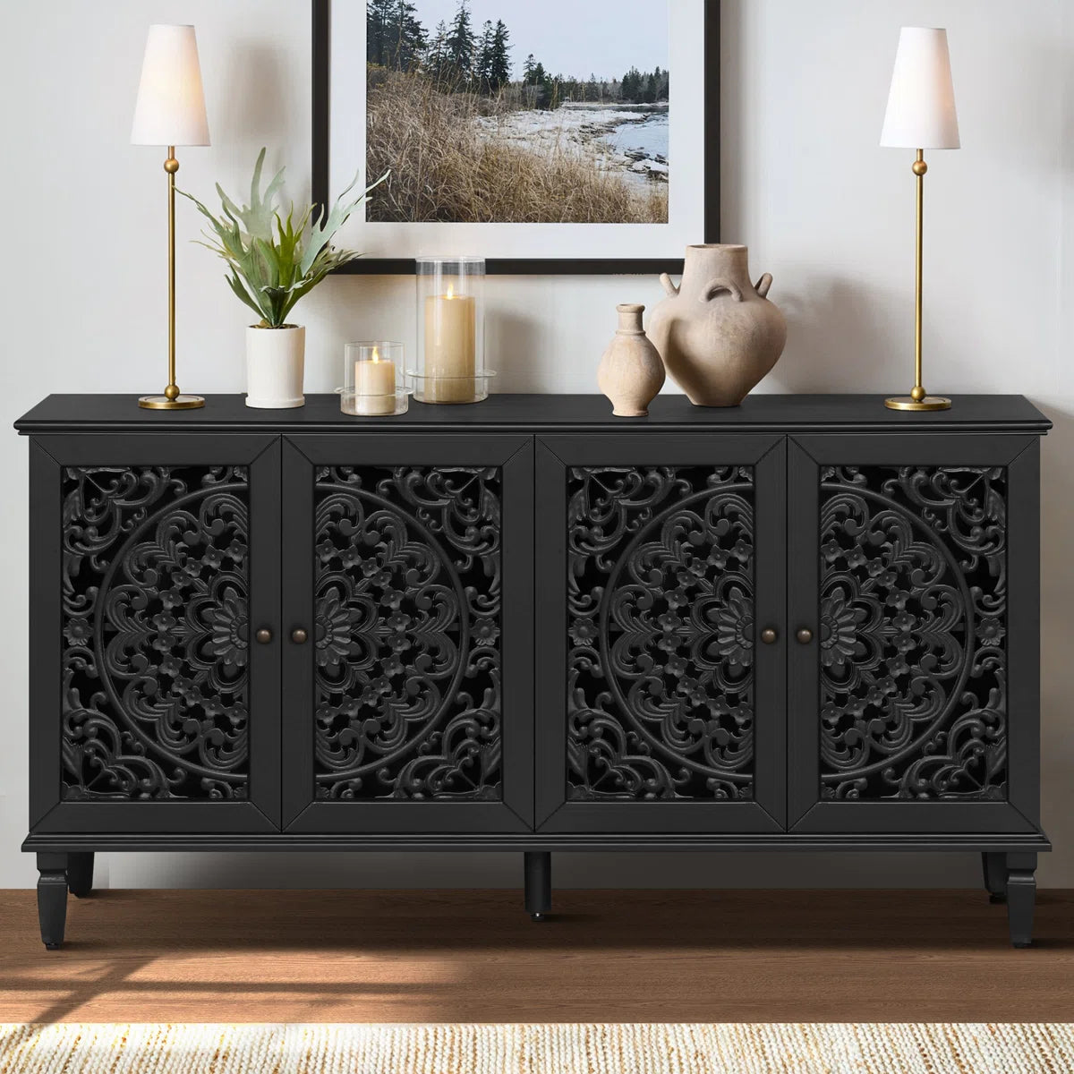Dynasty Hand Carved Floral Carving Solid Wood 4 Door Sideboard A8