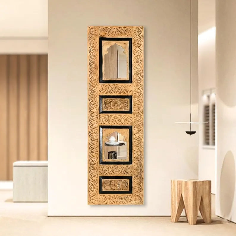 Hand Carved Solid Wood With Mirror Wall Hanging Panel 11