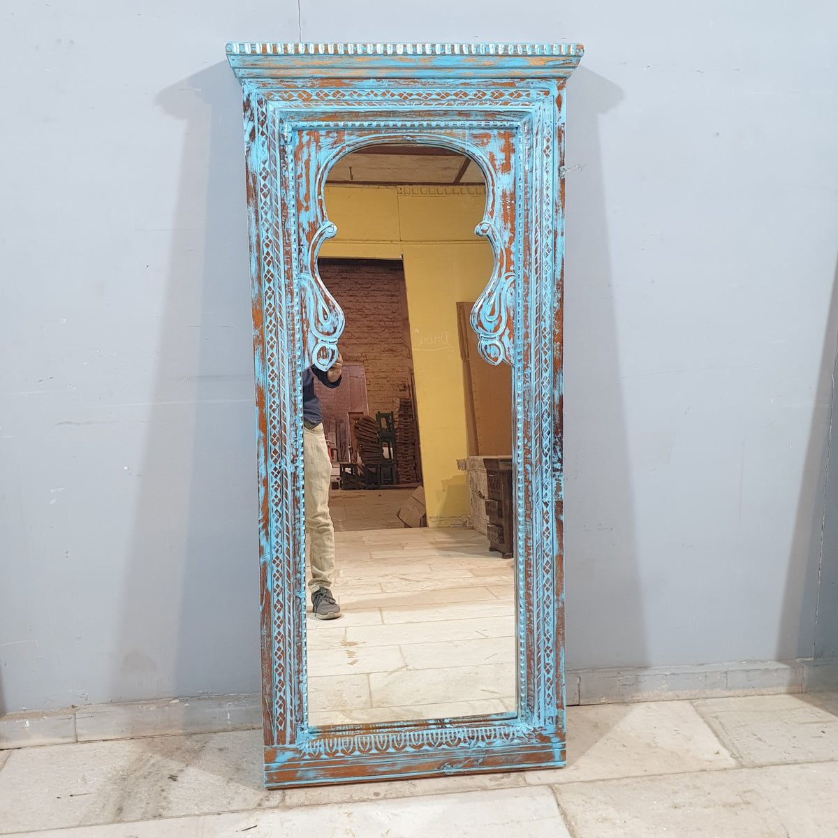 Handcrafted Indian Furniture Carved Wooden Mirror Frame Rustic Blue 70x150 cm