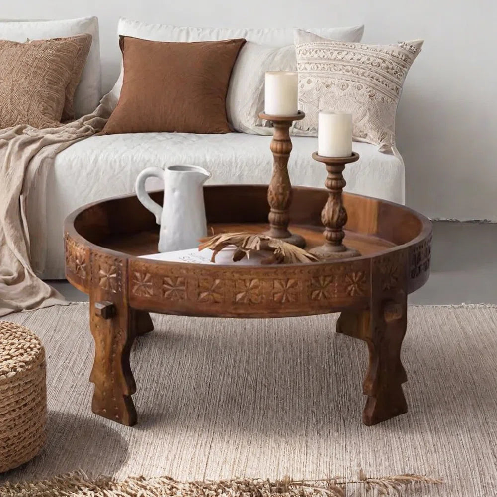 Handmade Solid Hard Wood Round Chakki Grinder Table B11