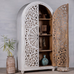 Kalah Solid Mango Wood Indian Hand Carved Wardrobe Cabinet Almirah Antique style Pantry Painted V11  -  