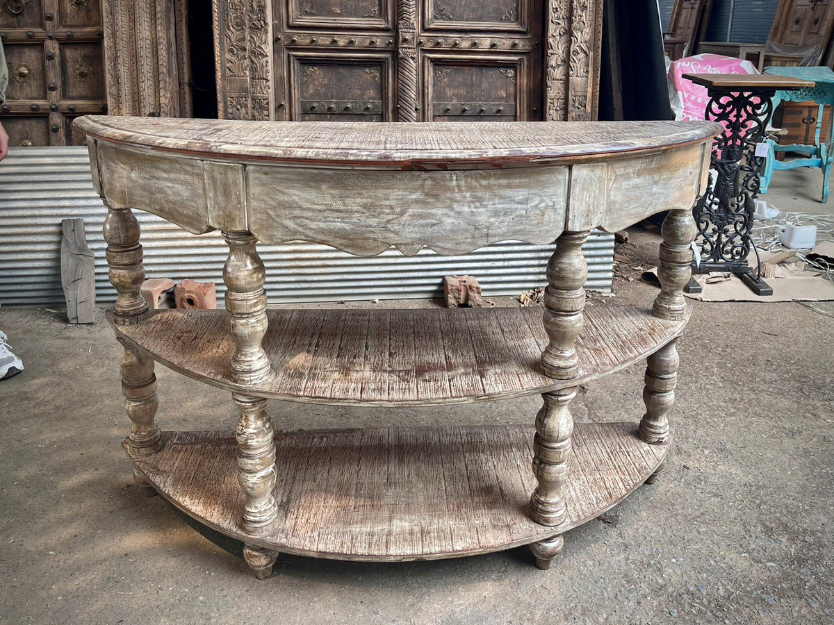 French Arched Hand Carved Solid Wood Console Hall Table Rustic White