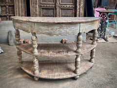 French Arched Hand Carved Solid Wood Console Hall Table Rustic White