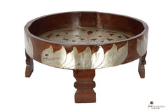 Indian Hand Carved Solid Wood Brass Fitted Chakki Grinder Coffee Table C157