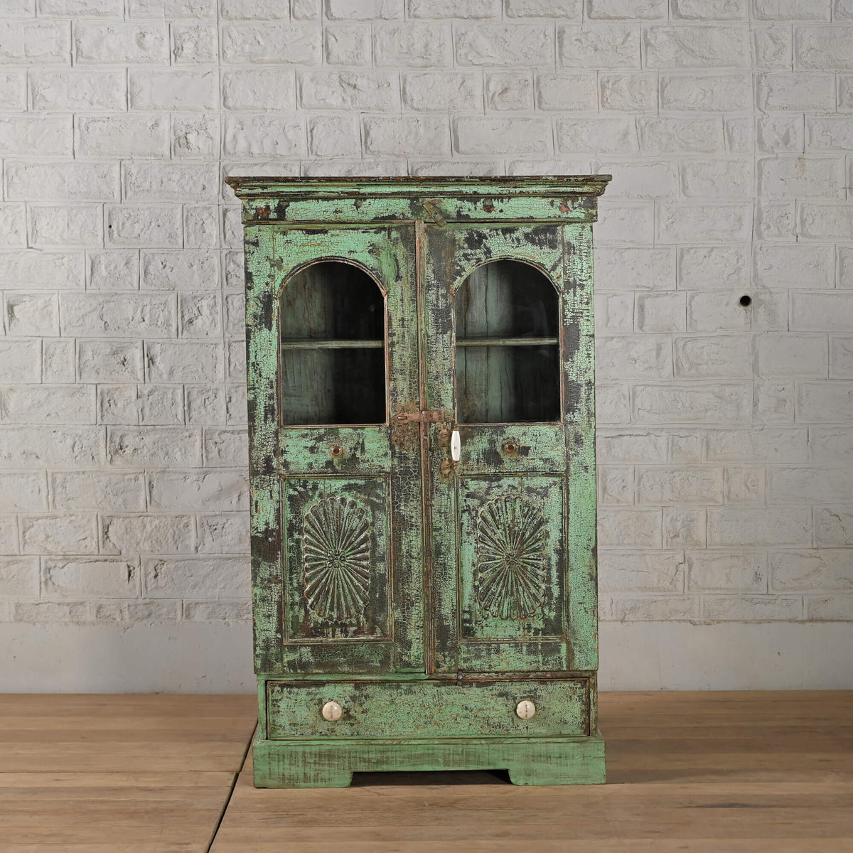 Antique Vintage Rustic Wooden Glass Cupboard Green