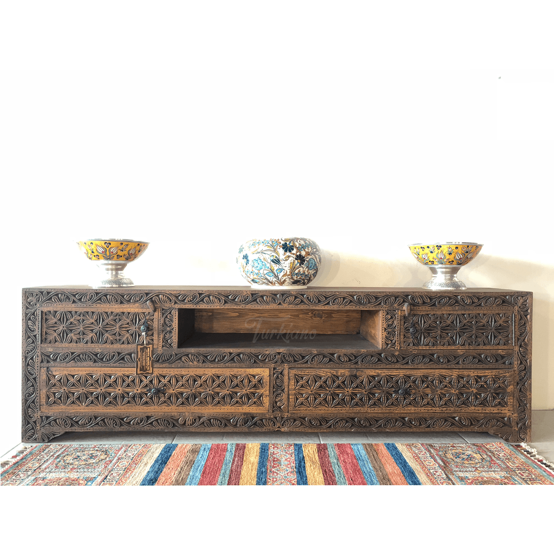 Indian Hand Carved Solid Wooden TV Unit 14