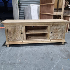 Handmade Indian Furniture Solid Hard Wood Carved Tv Unit in Natural Color 150x40x60Cm