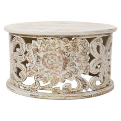 Pine Grove Handcrafted Mango Wood Carved Round Coffee Table Rustic White