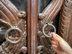 Indian Handmade Carved Wooden Glass Door Sideboard With Tribal Carving