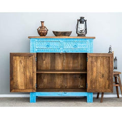 Indian Floral Carved Solid Wood Cabinet In Blue Colour