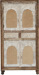 Indian Hand Carved Rattan Cane Solid Wooden Cupboard Wardrobe D50