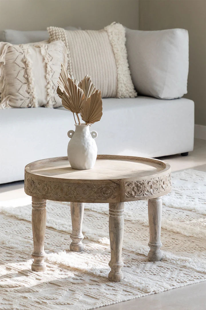 Indian Hand Carved Solid Mango Wood Round Coffee Table Natural C118