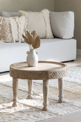 Indian Hand Carved Solid Mango Wood Round Coffee Table Natural C118