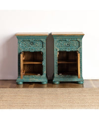 Indian Hand Carved Solid Wooden Bedside Table Green